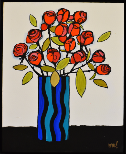 A blue striped vase holding flowers